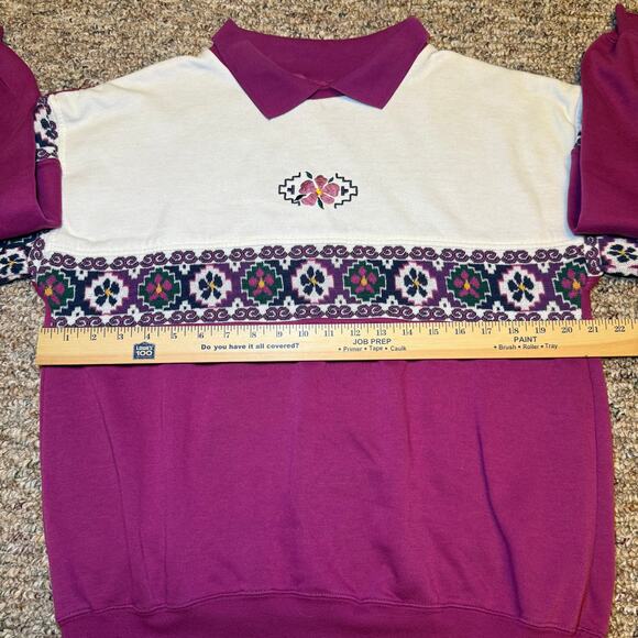 90s Womens Size XL Floral Knit Collar Sweatshirt Magenta & Cream - Picture 3 of 4